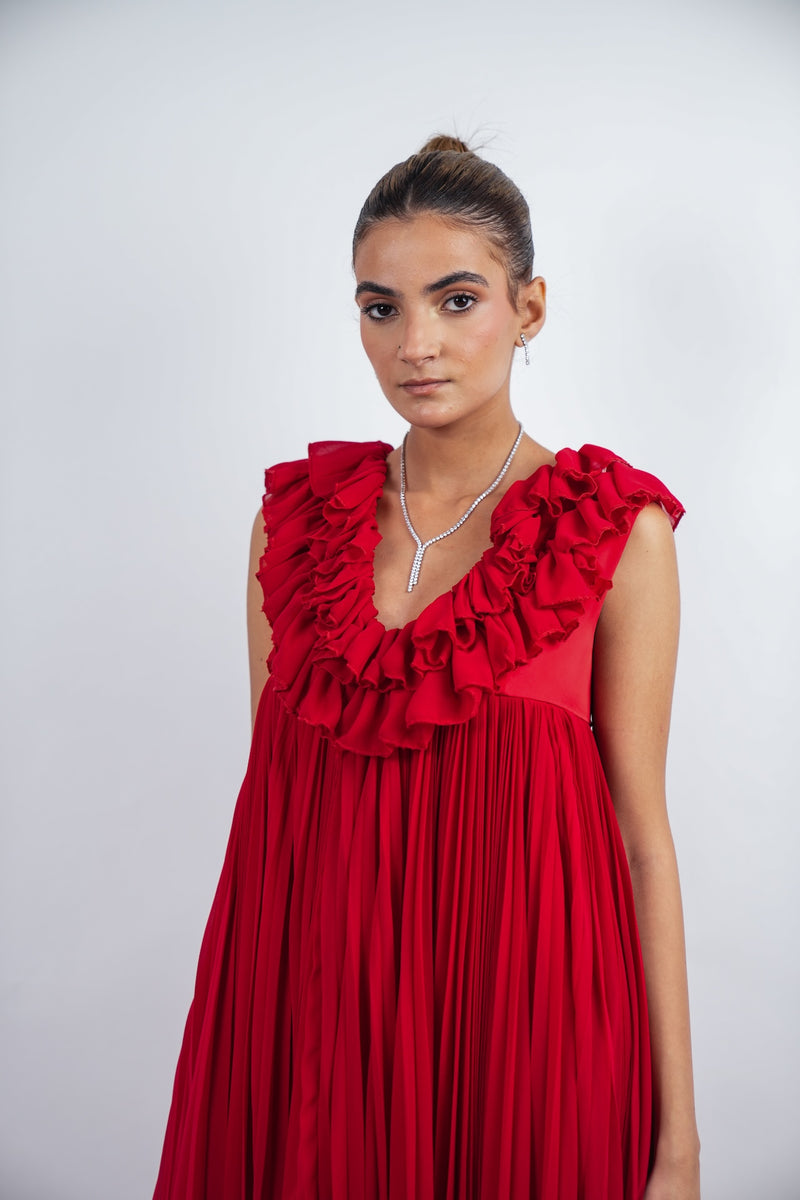 Red linen Pleated ruffle gown