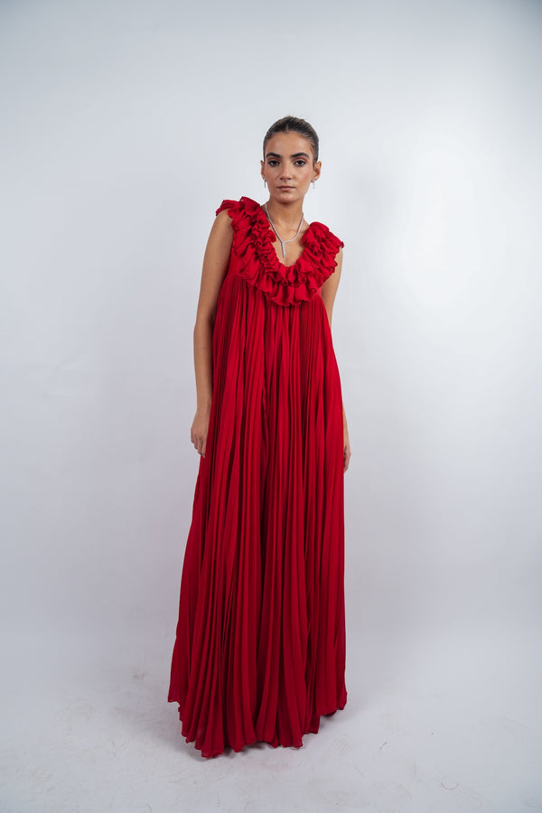 Red linen Pleated ruffle gown