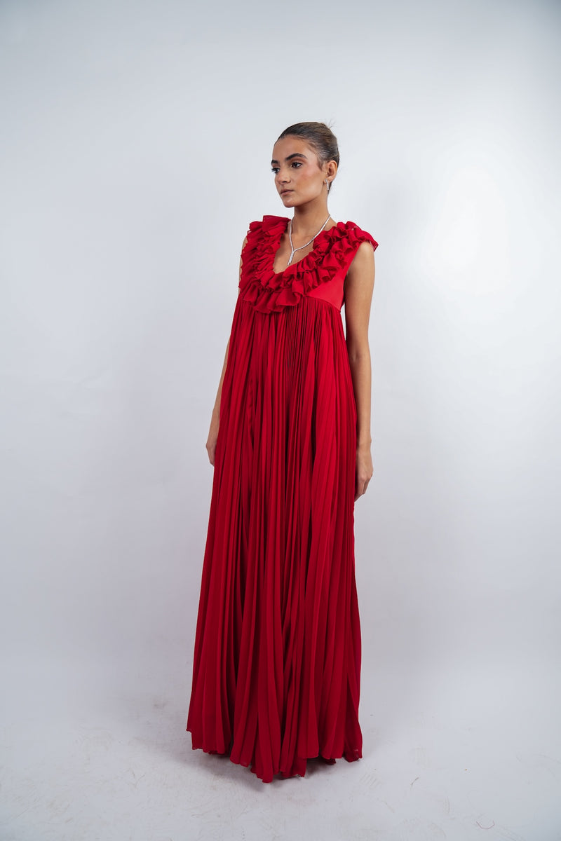 Red linen Pleated ruffle gown