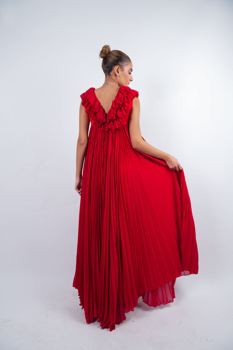 Red linen Pleated ruffle gown