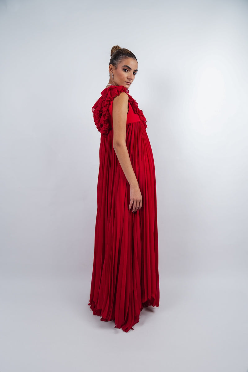 Red linen Pleated ruffle gown