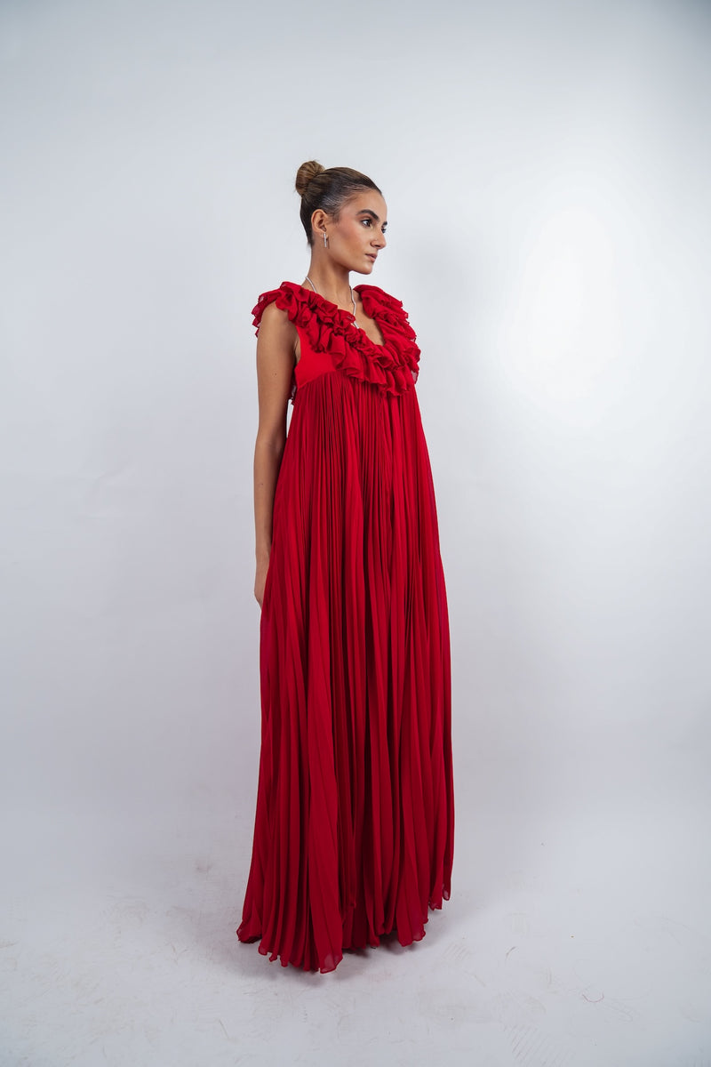 Red linen Pleated ruffle gown